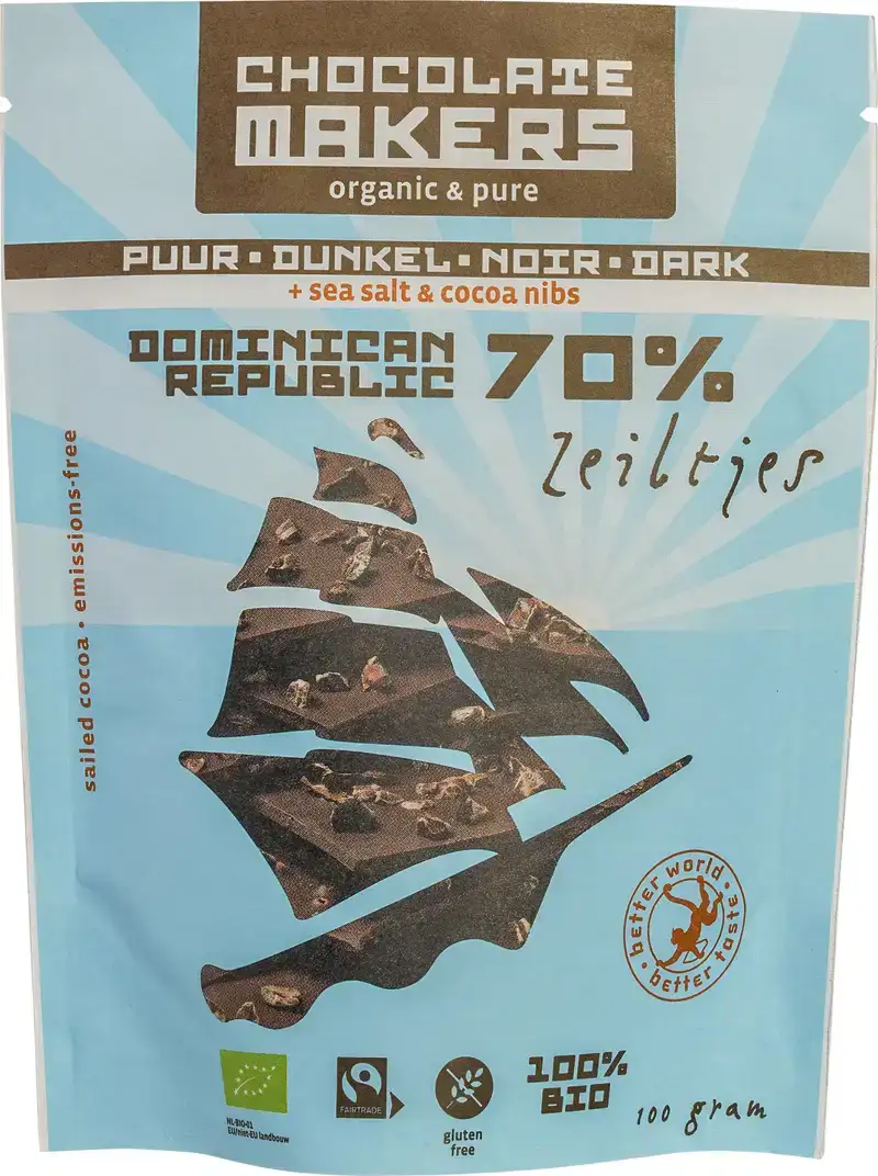 Chocozeiltjes puur 70% met zeezout & nibs