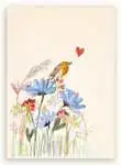 Kaart vogeltje bij bloemen