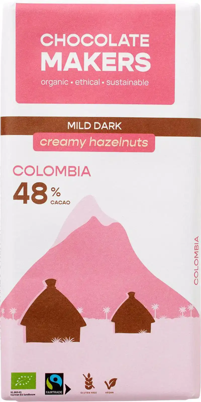 Milde pure chocolade romige hazelnoot Colombia 48%