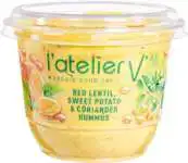 Hummus rode linzen-zoete aardappel-koriander
