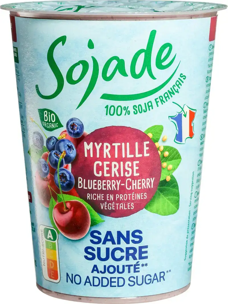 Plantaardige variatie op yoghurt soja - blauwe bes/kers