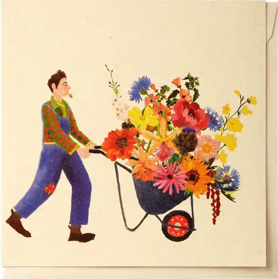 Kaart man kruiwagen bloemen