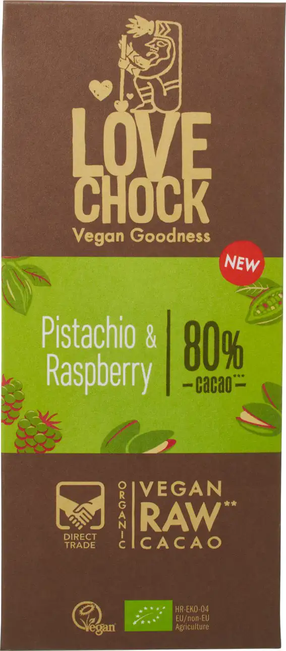 RAW pure chocolade 80% pistachio raspberry